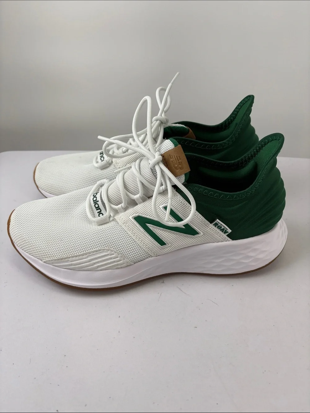 🔔 New Balance White Sneakers with Green Accents and Gum Outsole